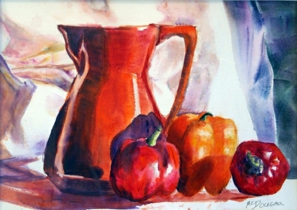 PEPPERS AND ORANGE JUG, ACRYLIC, 11X14